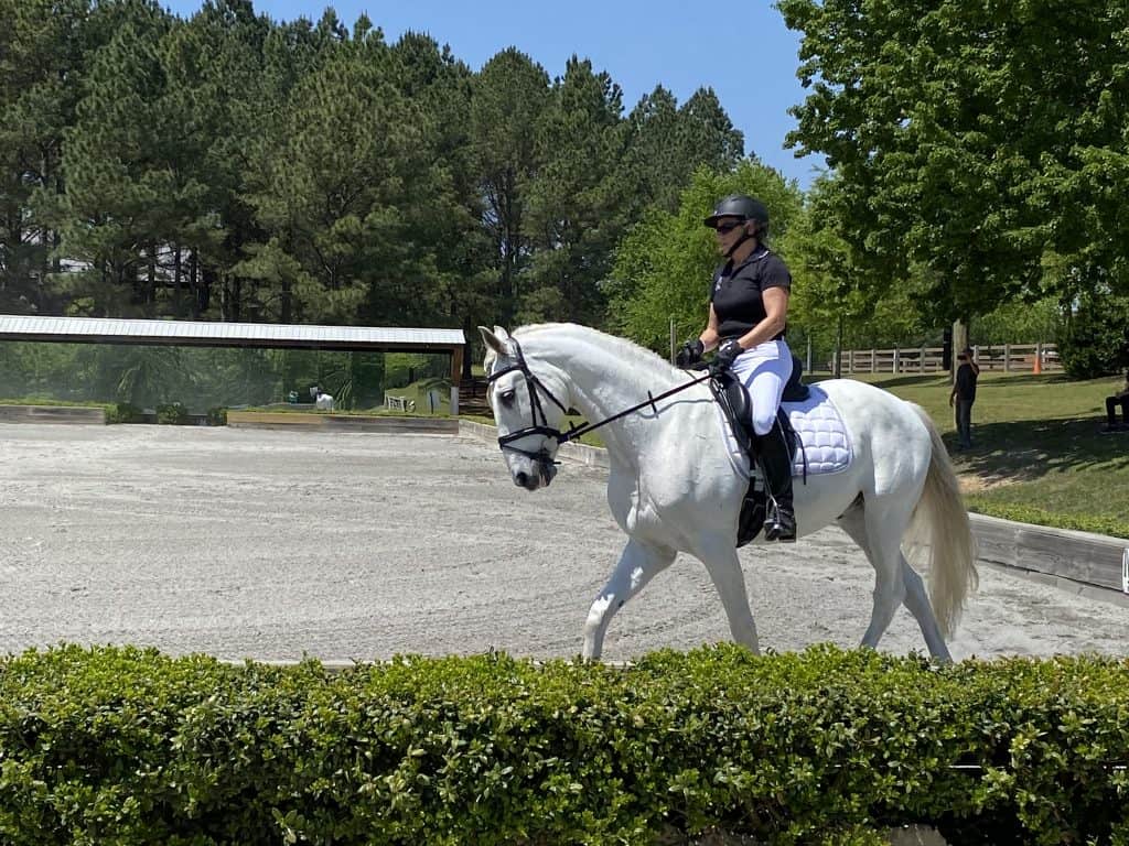 Rider on a white horse outside in an arena surrounded by trees and greenery.
